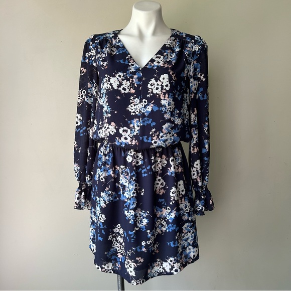 🌼 Lila Rose Navy Floral Poet Sleeve Crepe Blouson Dress, 4 - S - Picture 1 of 8